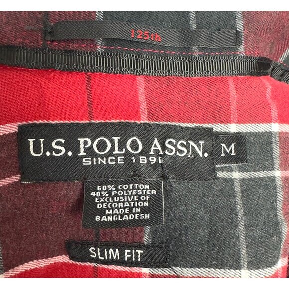 U.S.POLO ASSN Flannel Shirt Men M Red & Black Plaid Slim Fit Long Sleeve Cotton - Picture 10 of 12